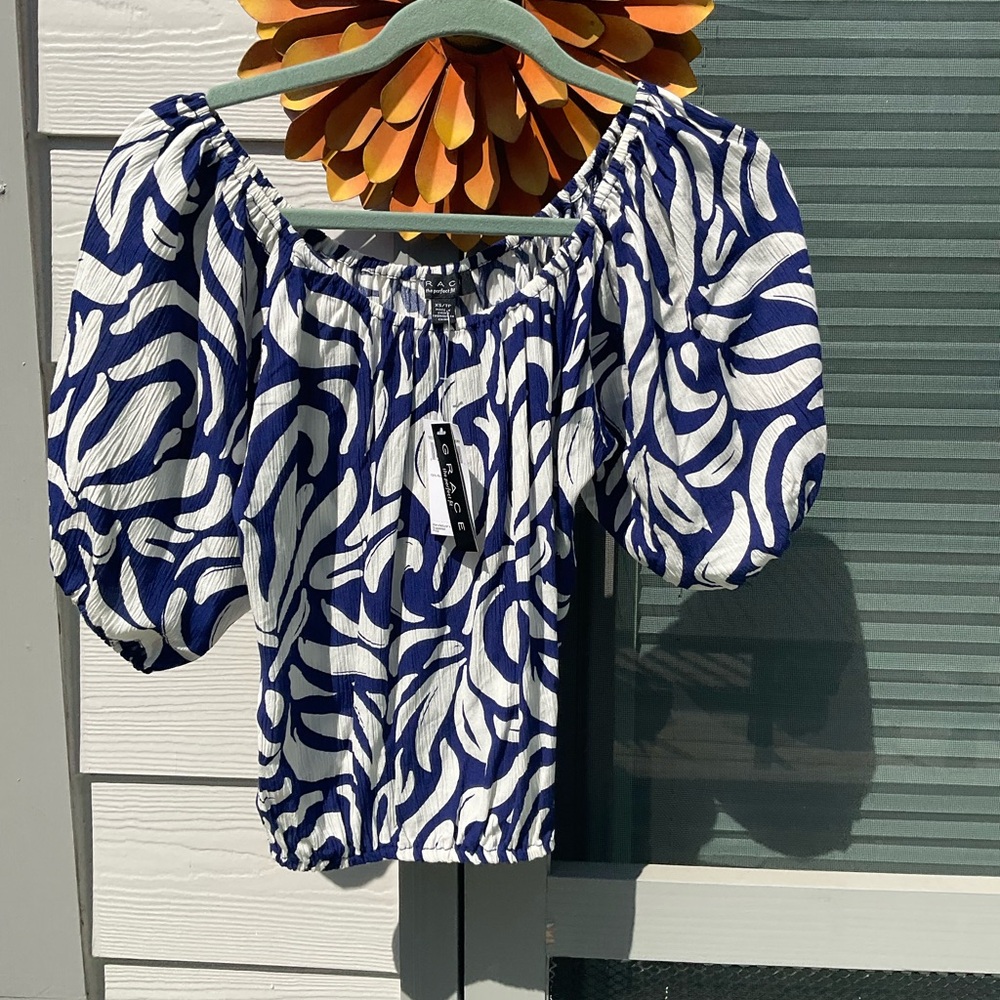 NWT Rachel Navy and White Puff-Sleeve Off-Shoulder Top Size XS